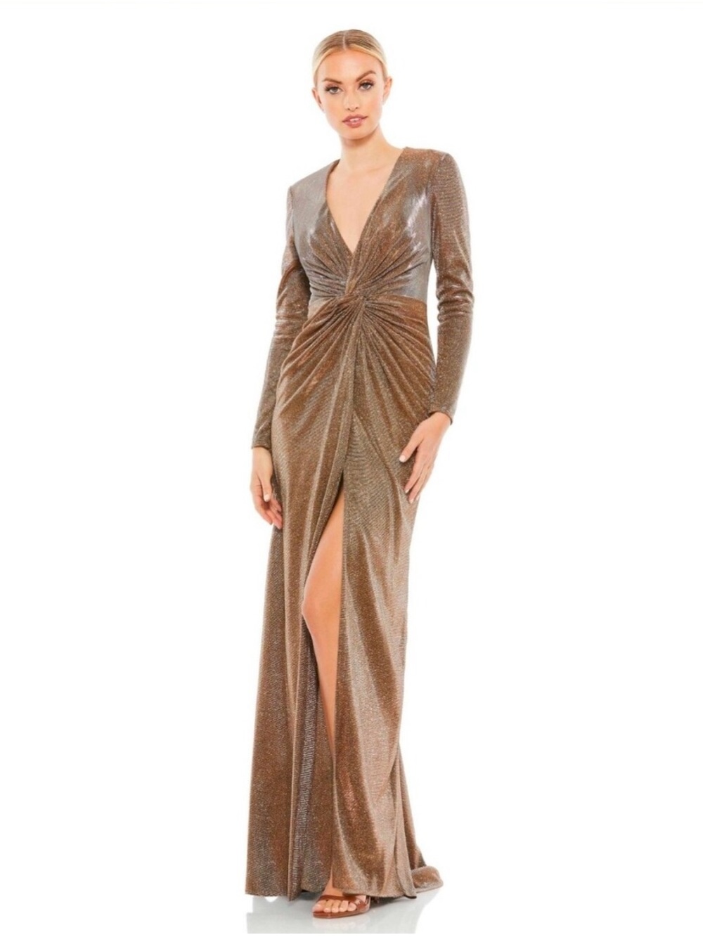 Ieena Mac Duggal, Metallic Bronze Long-Sleeve V-Neck Twist Gown - NWT